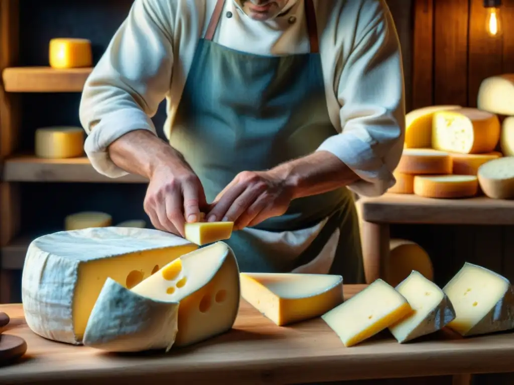 Un maestro quesero francés moldea expertamente el queso, reflejando la tradición y la dedicación detrás de esta arte culinario