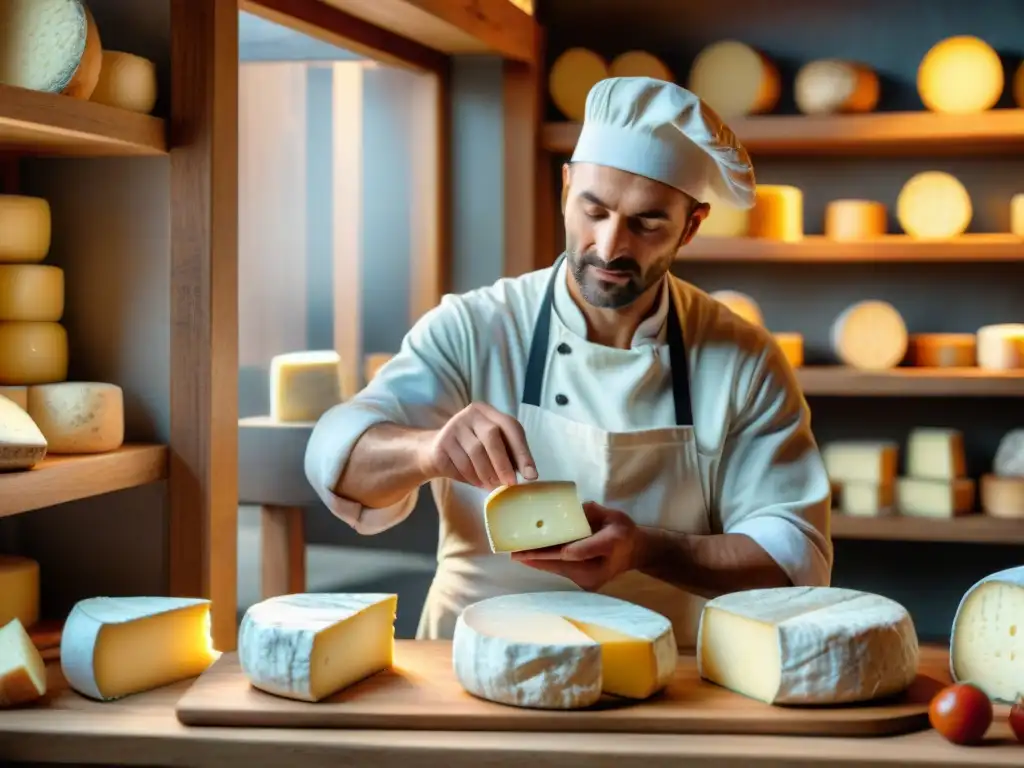 Un maestro quesero francés moldea un queso Camembert en su tradicional tienda