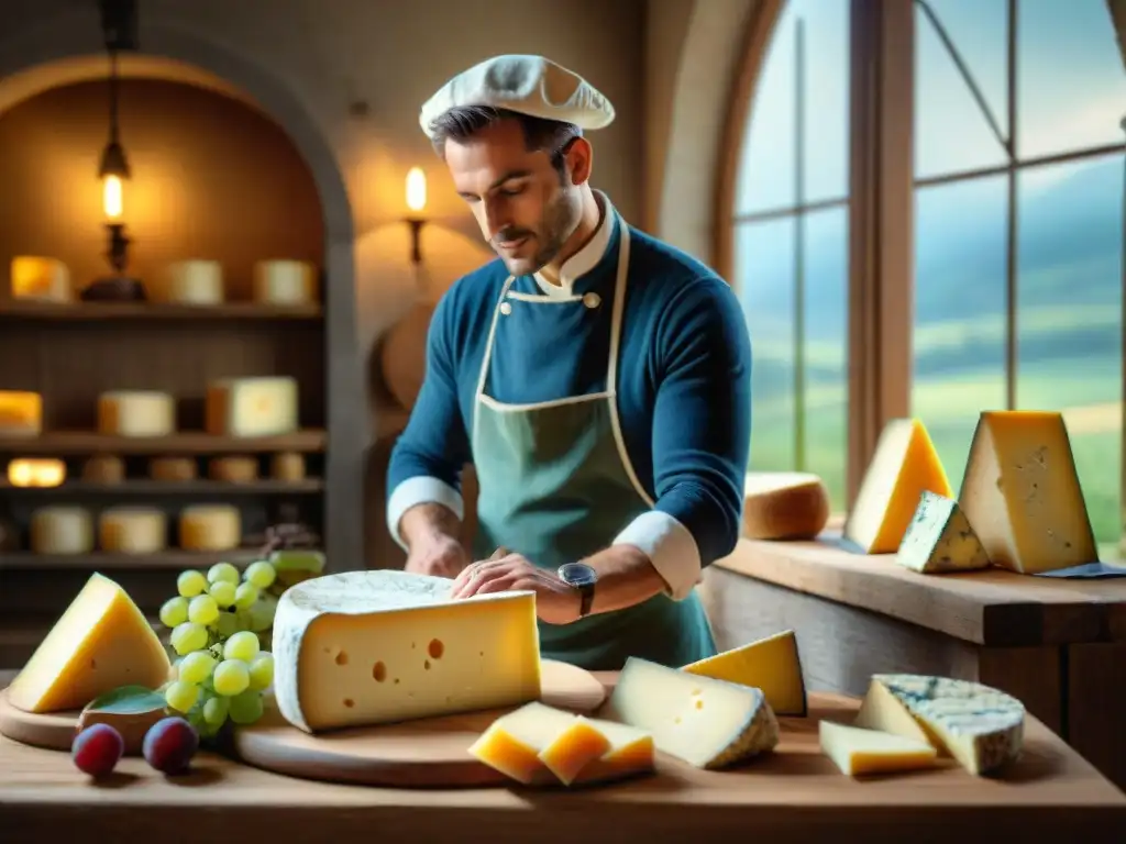 Un maestro quesero en Francia apreciando quesos artesanales en un entorno tradicional