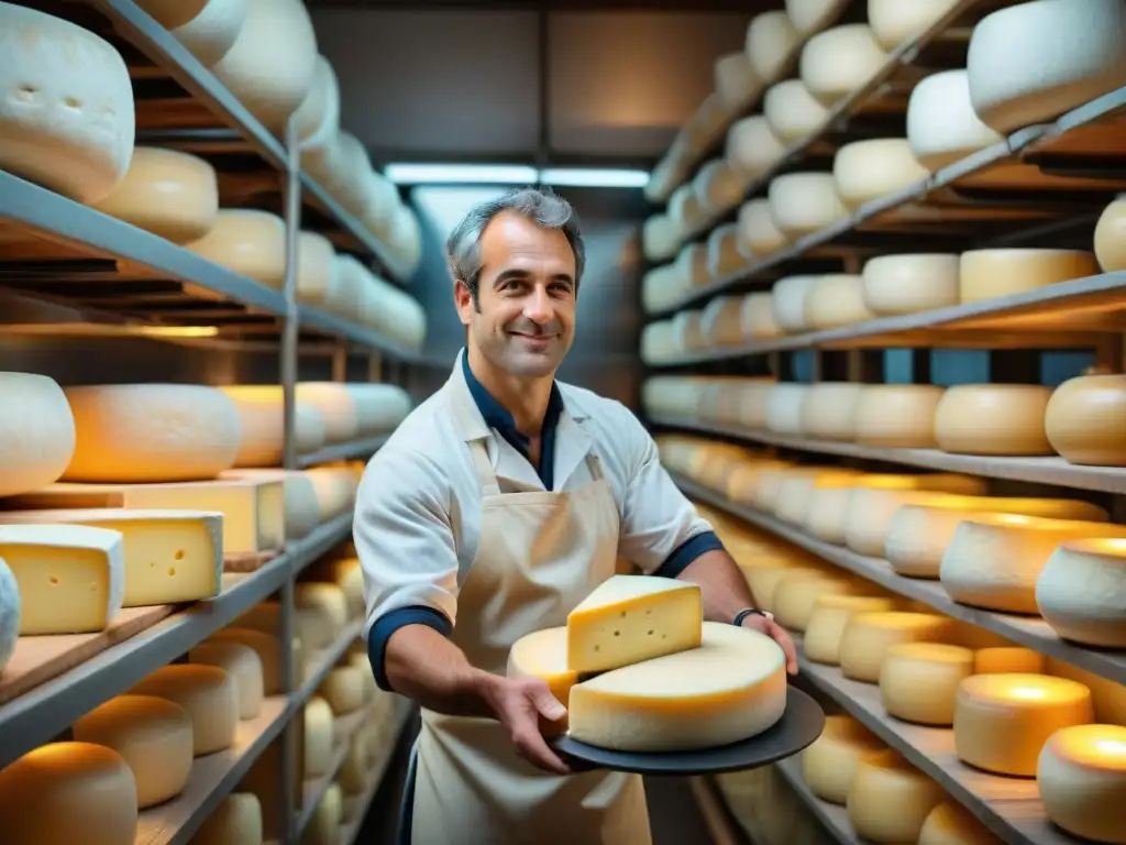 Un maestro quesero francés elaborando quesos artesanales en una fromagerie, reflejando la exclusividad de la artesanía láctea