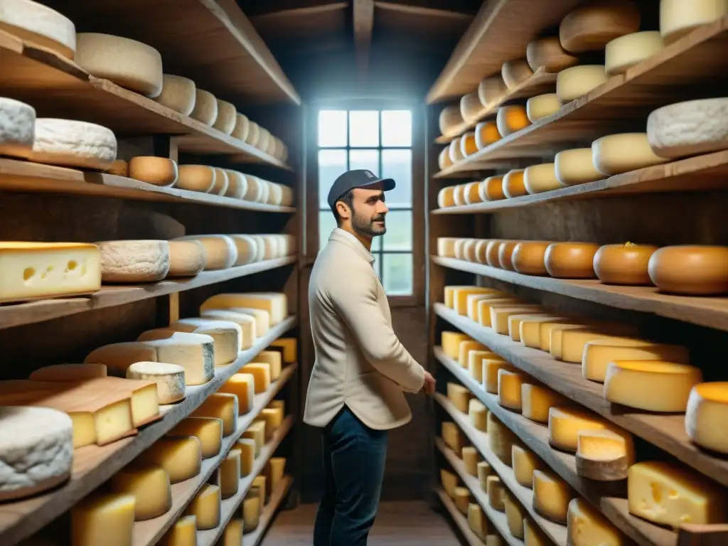 Un maestro quesero inspecciona quesos en bodega francesa centenaria, iluminada por el sol