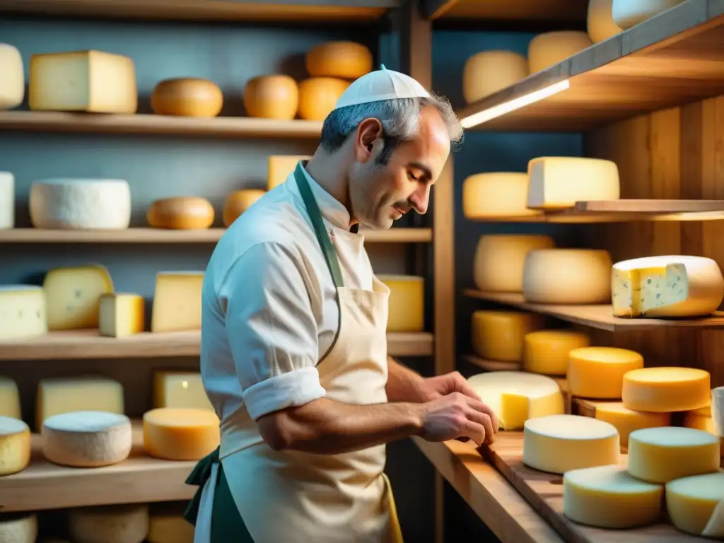 Un maestro quesero francés crea quesos exquisitos en una fromagerie, mostrando perfección gastronómica