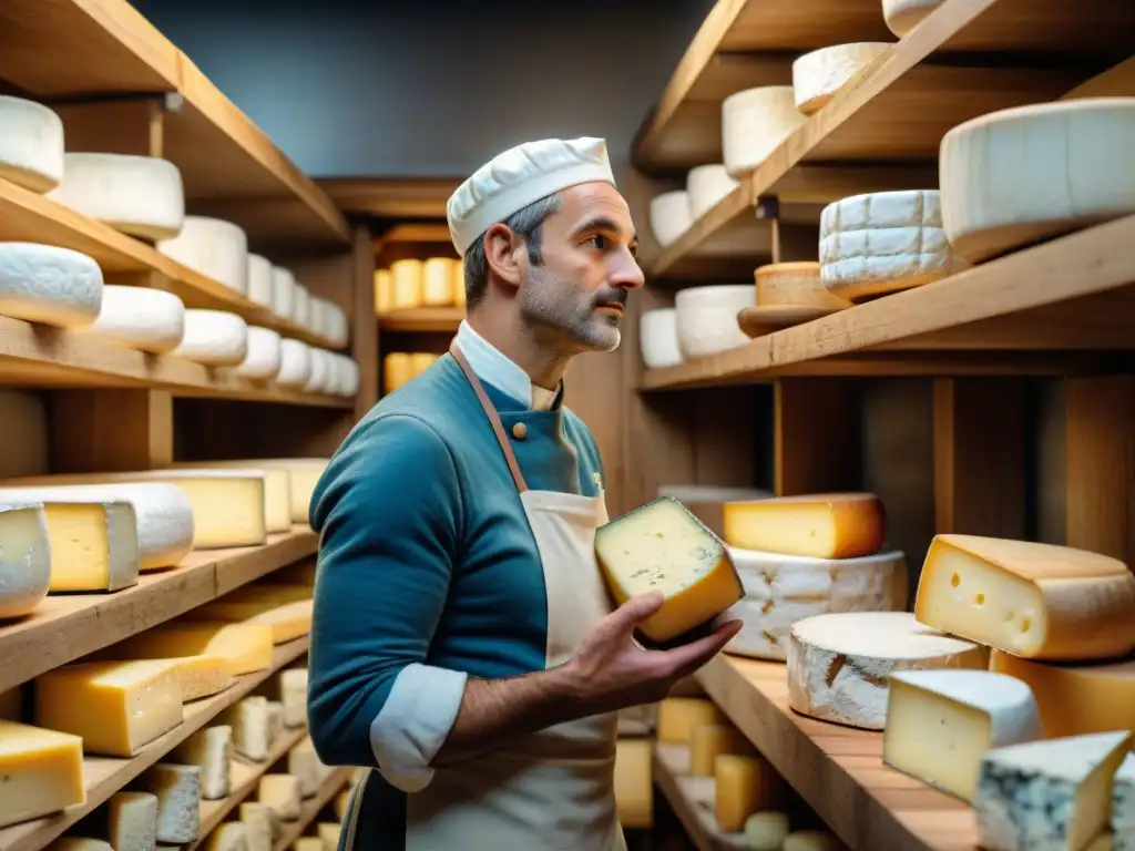 Un maestro quesero inspecciona quesos franceses tradicionales innovadores en una bodega iluminada y aromática