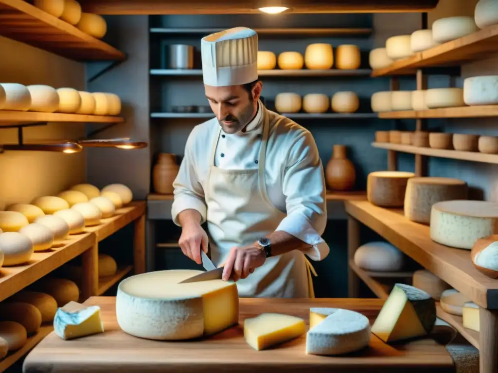 Un maestro quesero elabora quesos franceses en casa con herramientas tradicionales sobre una mesa de madera en una bodega