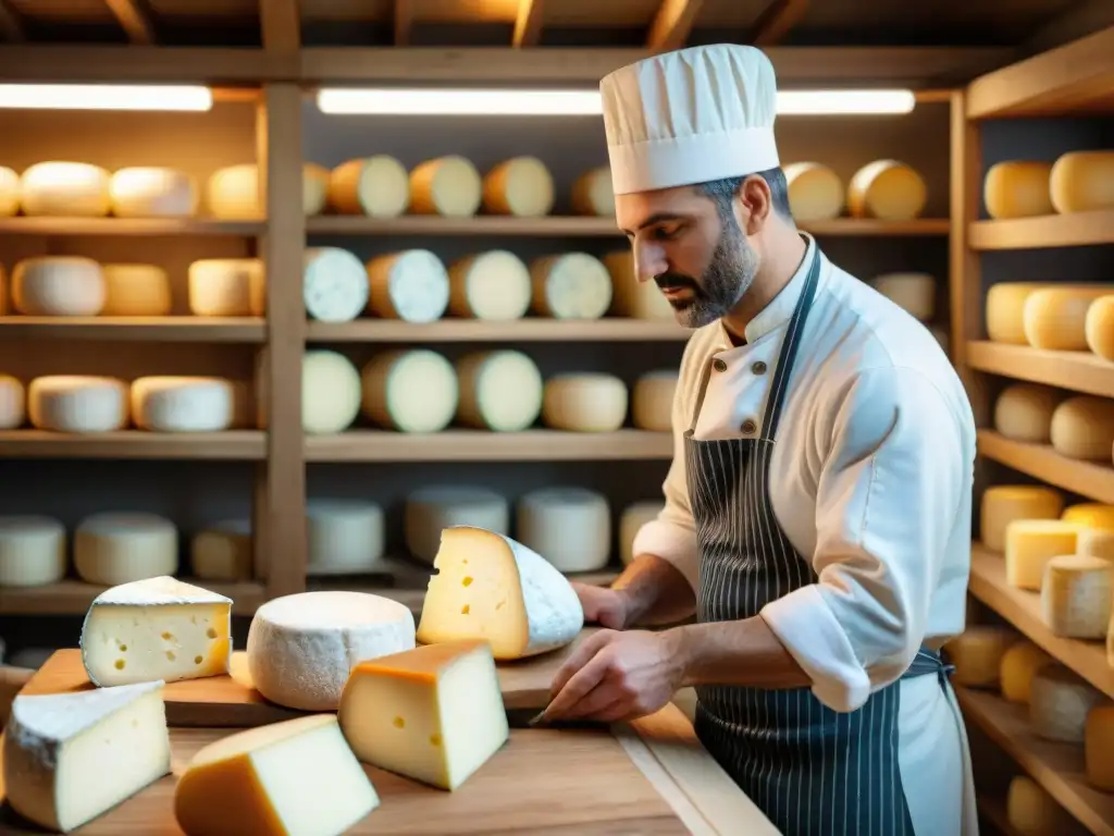 Un maestro quesero elabora quesos franceses en una fromagerie campestre