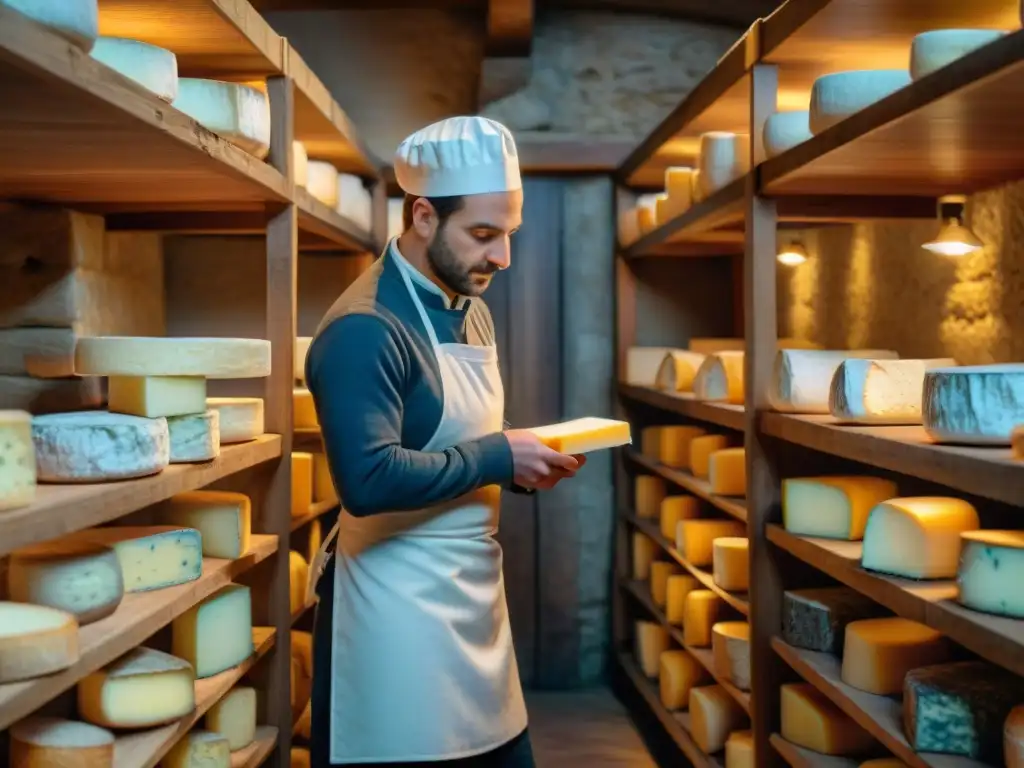 Un maestro quesero inspecciona quesos franceses en bodega tradicional