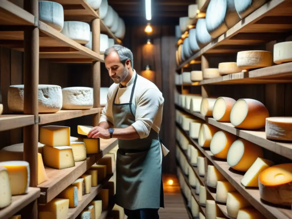 Un maestro quesero inspecciona expertamente quesos franceses en una bodega tradicional