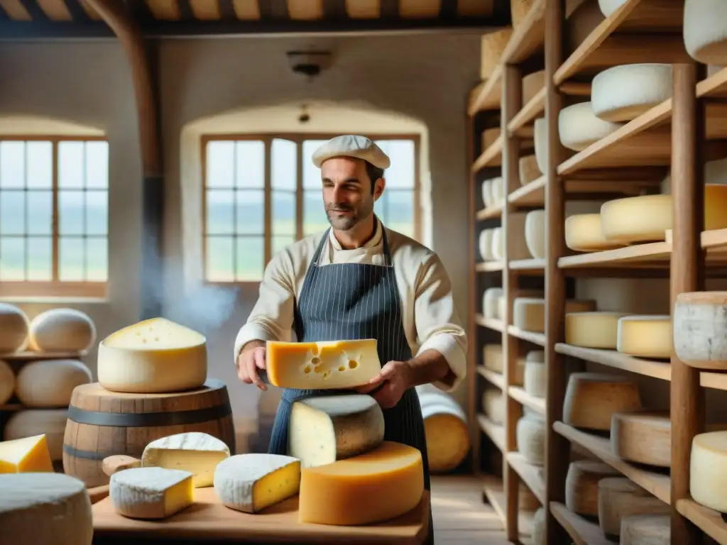 Un maestro quesero moldea y envejece quesos franceses tradicionales en una fromagerie centenaria