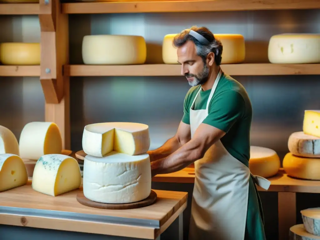 Un maestro quesero elaborando quesos franceses bajos en lactosa en una fromagerie tradicional