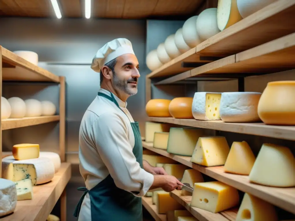 Un maestro quesero elaborando quesos franceses en casa, rodeado de ruedas de queso y herramientas tradicionales