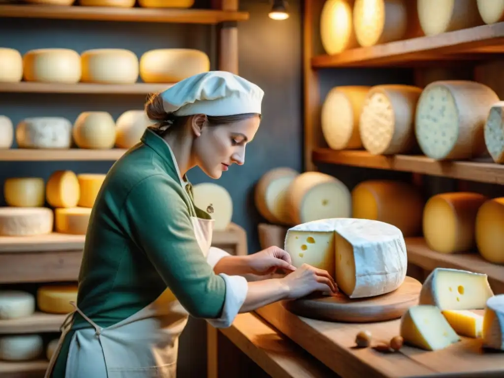 Un maestro quesero elaborando quesos franceses en casa con delicadeza, rodeado de herramientas vintage y ruedas de queso envejeciendo