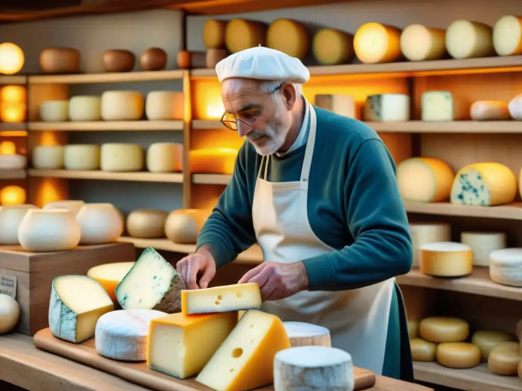 El maestro quesero francés crea quesos en un mercado especializado, mostrando tradición y expertise