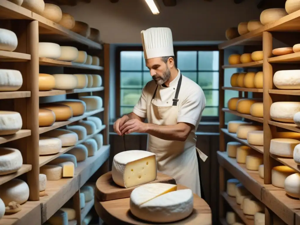 Un maestro quesero en Francia creando quesos tradicionales rodeado de historia y dedicación en una fromagerie antigua