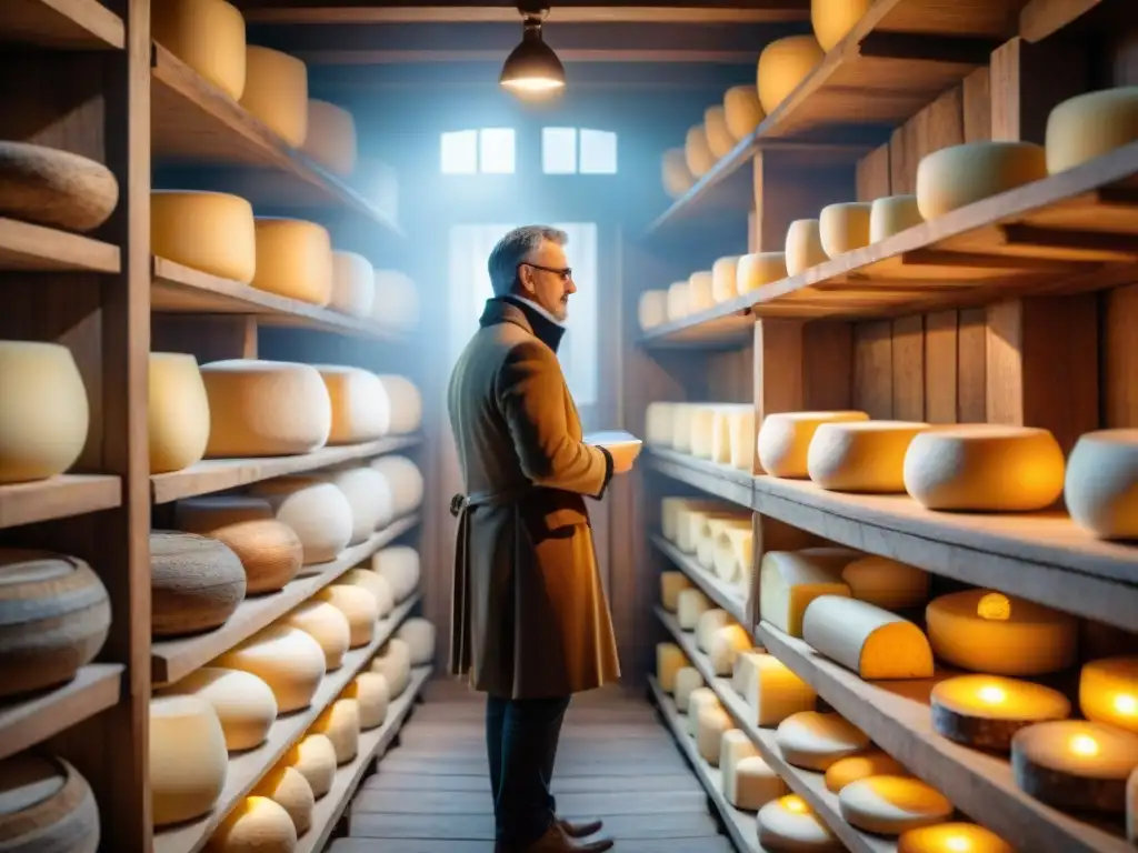 Un maestro quesero inspecciona quesos tradicionales de Alsacia en una bodega iluminada, con ruedas de queso en estantes de madera