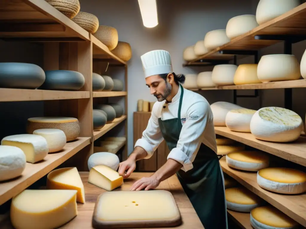 Un maestro quesero elaborando quesos veganos franceses innovadores en una fromagerie tradicional