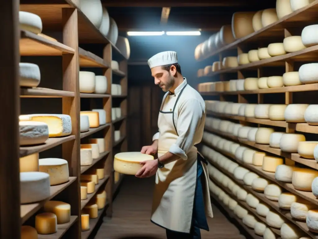 Un maestro quesero inspecciona una rueda de Camembert en una bodega de quesos franceses tradicionales, mostrando dedicación y tradición