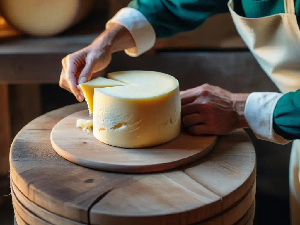 Un maestro quesero creando una rueda de queso Munster en una granja tradicional de Lorena