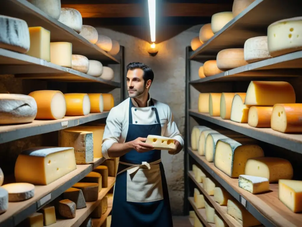 Un maestro quesero inspecciona una rueda de queso en una bodega francesa, con herramientas antiguas y etiquetas AOC