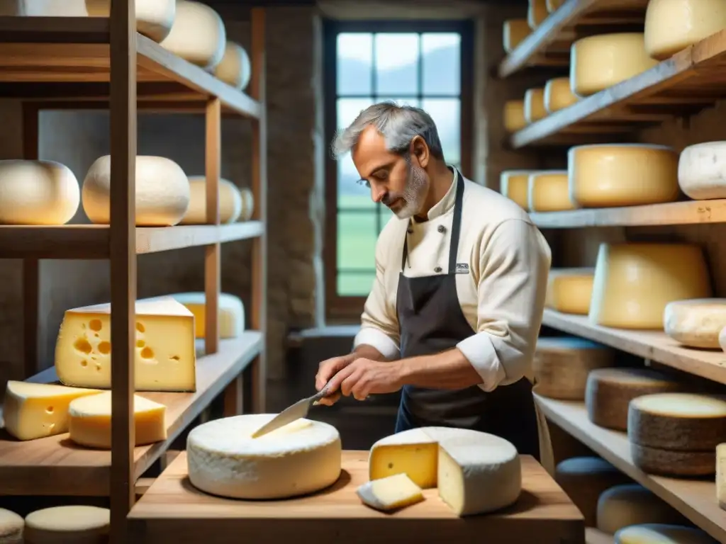 El maestro quesero francés crea con maestría una rueda de queso artesanal en un taller tradicional, rodeado de innovación en quesos franceses