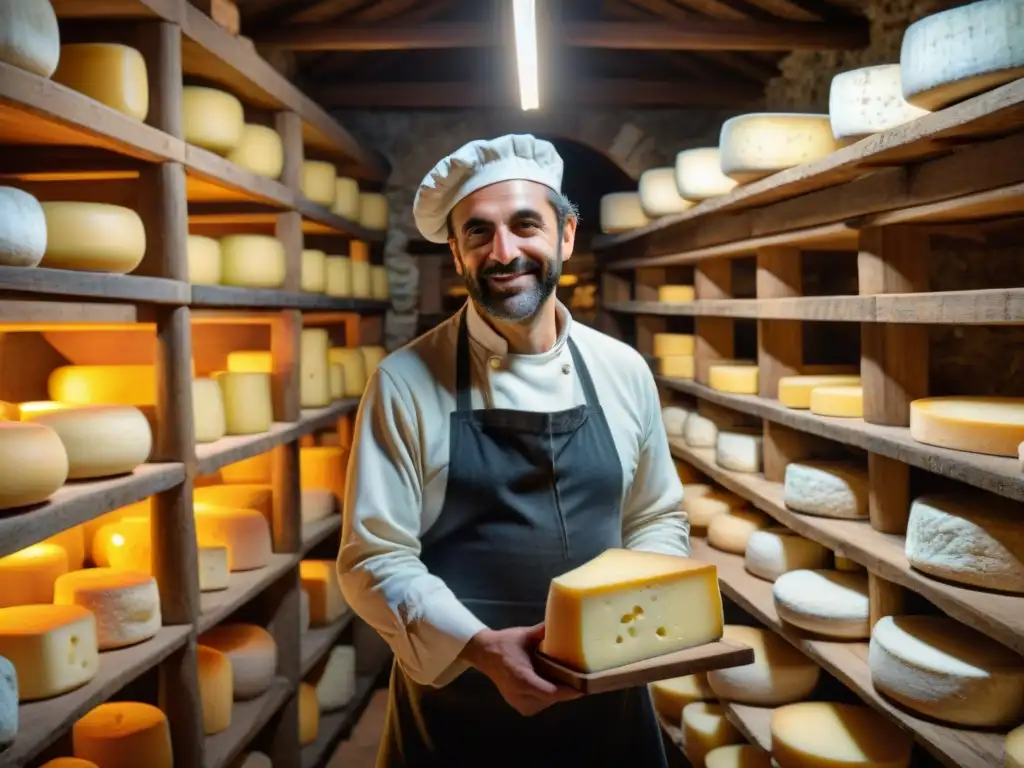 Un maestro quesero inspecciona una rueda de queso Ossau Iraty en una bodega de los Pirineos