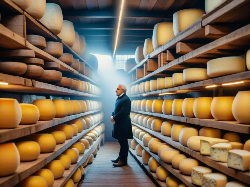 Un maestro quesero francés inspecciona una rueda de queso en una bodega tradicional