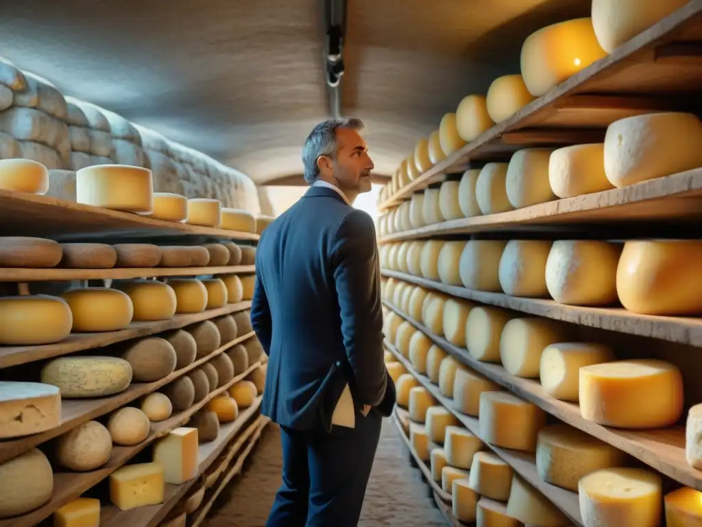 Un maestro quesero inspecciona una rueda de queso en un antiguo sótano de quesos franceses