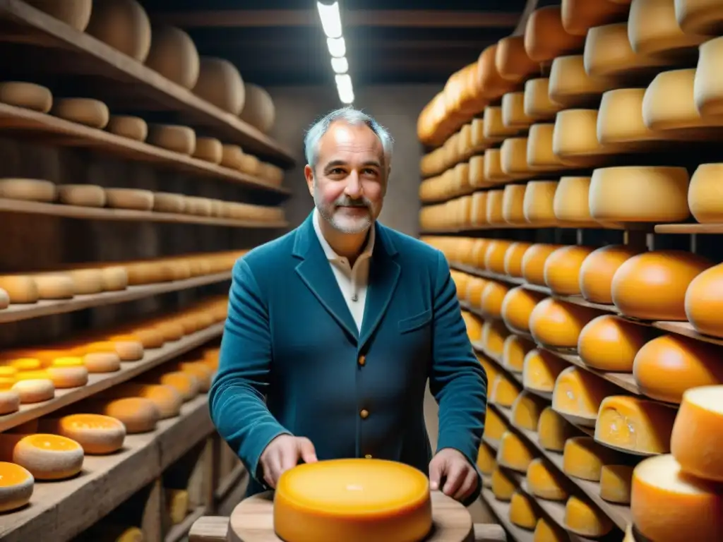 Un maestro quesero inspecciona detenidamente una rueda de queso Mimolette, destacando su característico color naranja y textura