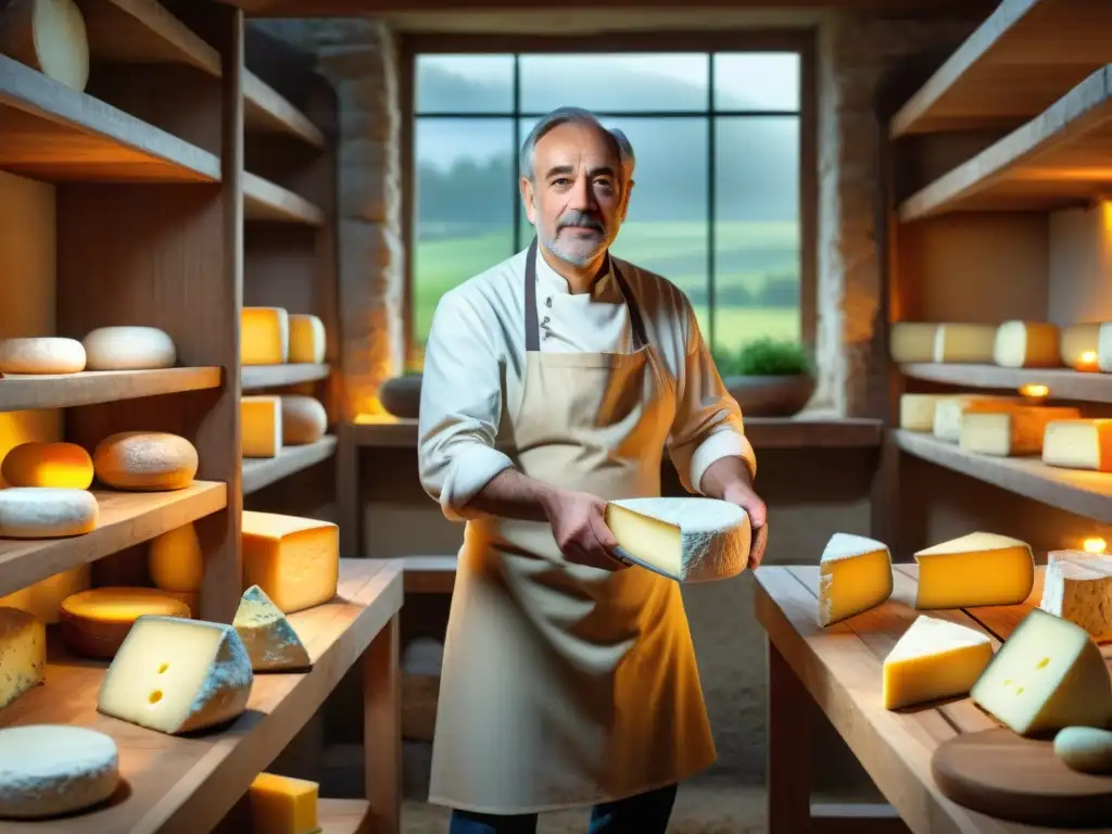 Un maestro quesero elaborando un rueda de Brie de Meaux en un taller tradicional de quesos franceses