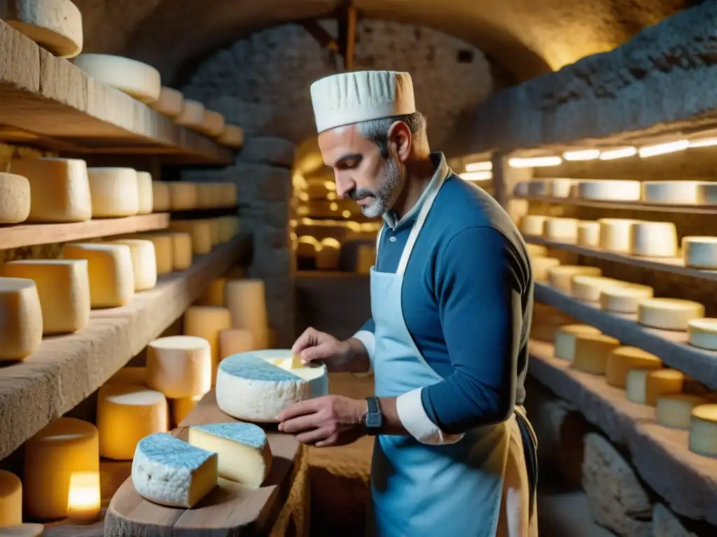 Un maestro quesero francés inspecciona ruedas de queso Roquefort en cuevas tradicionales de Roquefort-sur-Soulzon