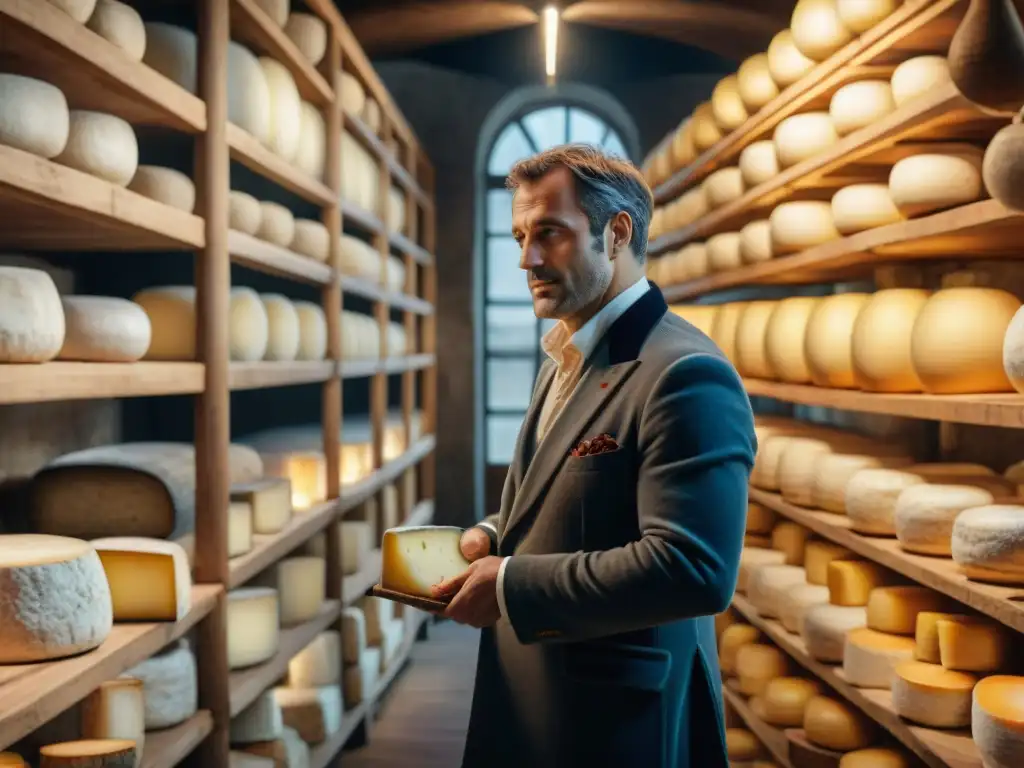 Un maestro quesero francés inspecciona ruedas de queso en una bodega artesanal