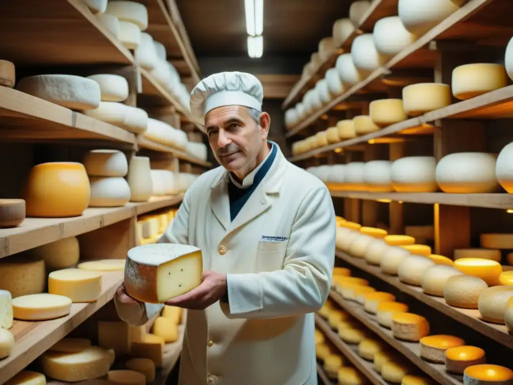 Un maestro quesero examina ruedas de queso en una bodega francesa