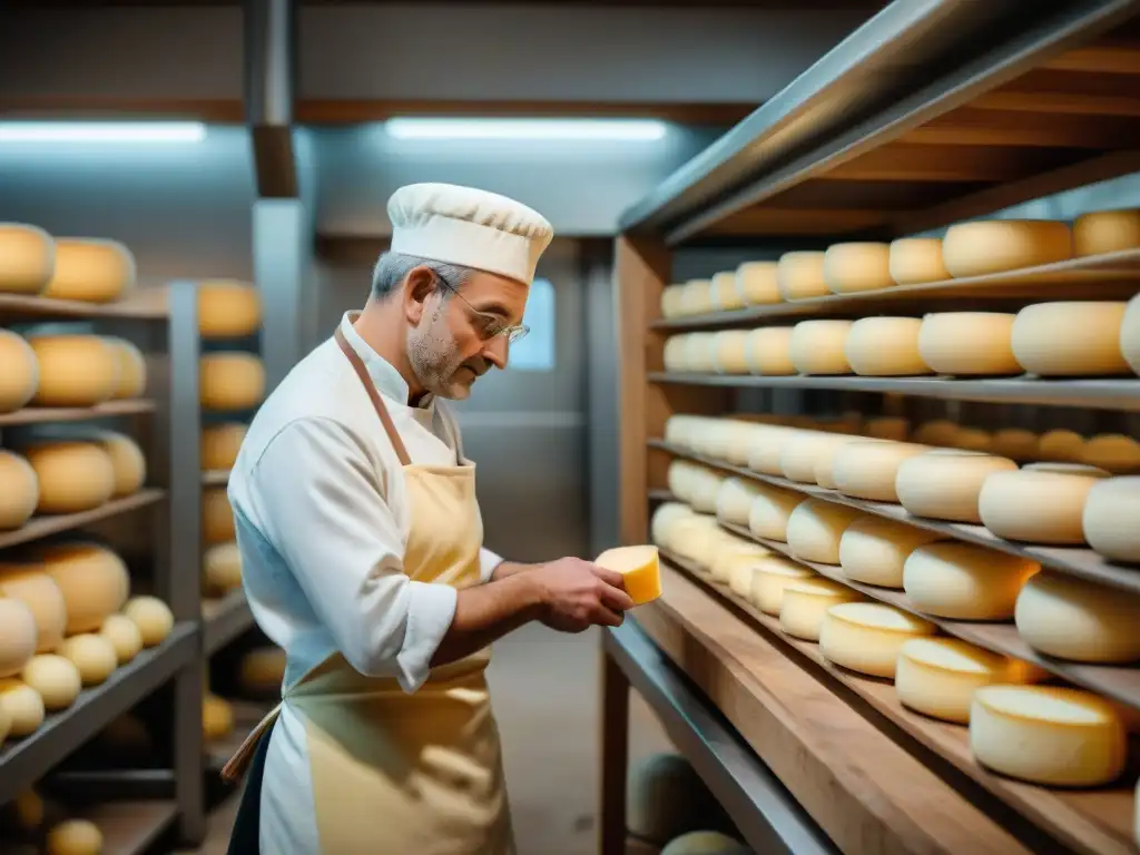 Un maestro quesero en Chavignol elaborando el Sabor del Crottin de Chavignol con destreza y pasión, rodeado de quesos envejecidos