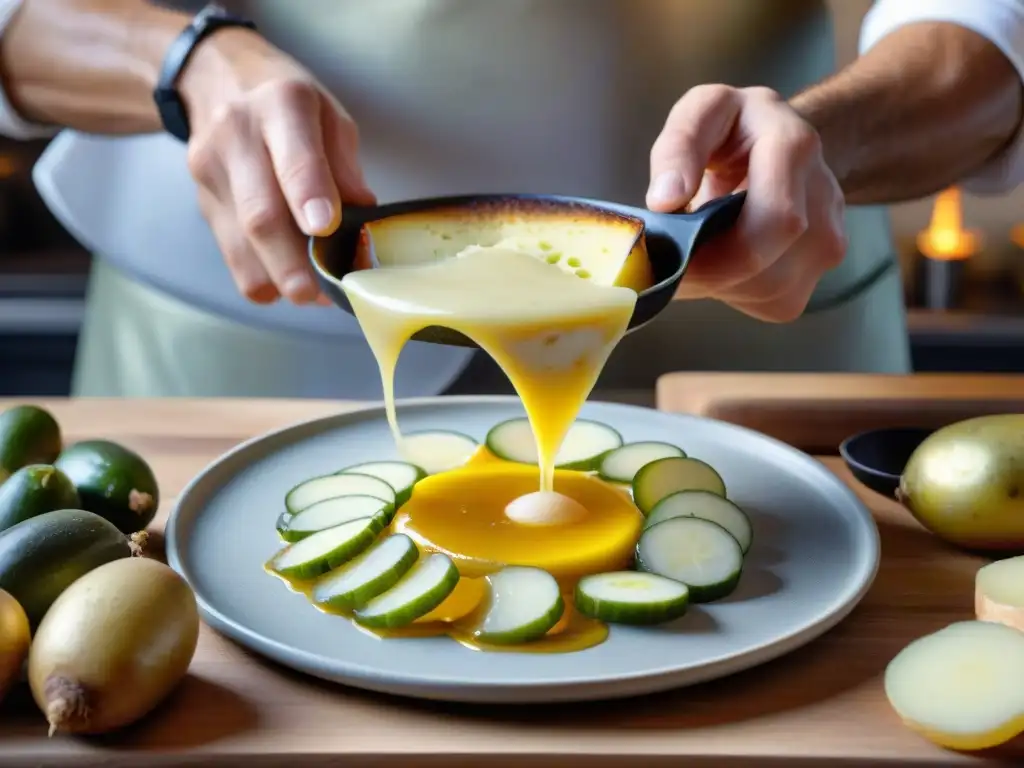 Un maestro quesero suiza derritiendo queso raclette sobre papas calientes, resaltando la tradición culinaria