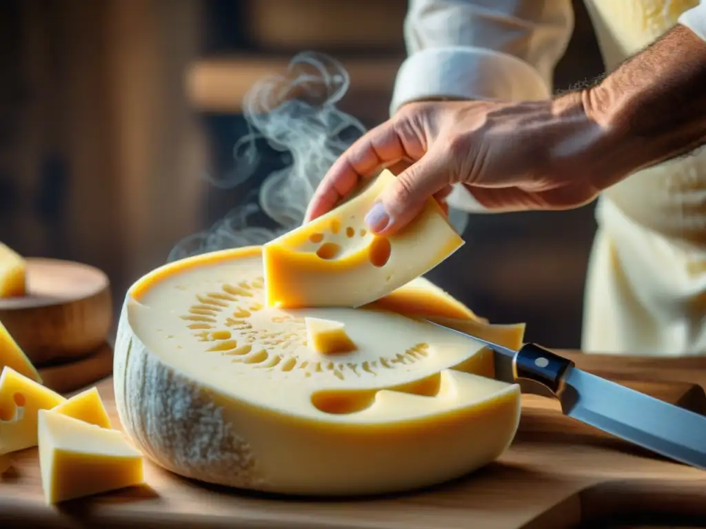 Un maestro quesero talla con destreza un queso Parmesano, destacando las técnicas para tallar quesos gourmet