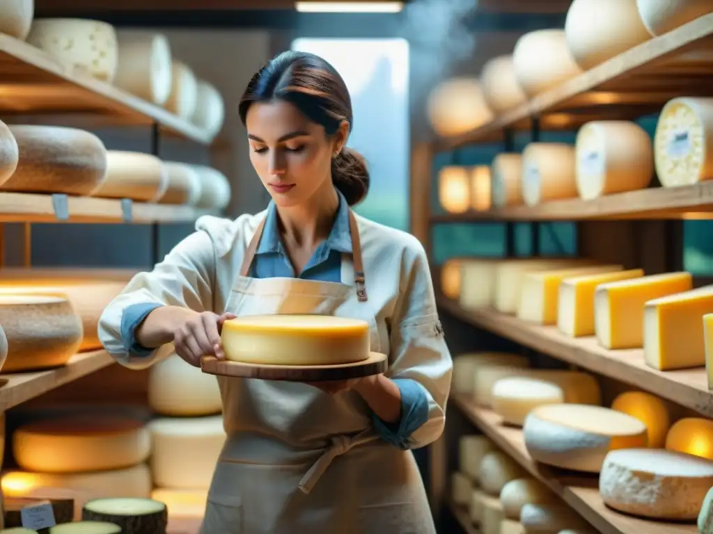 Un maestro quesero talla con destreza un queso Comté francés, mostrando las técnicas para tallar quesos gourmet