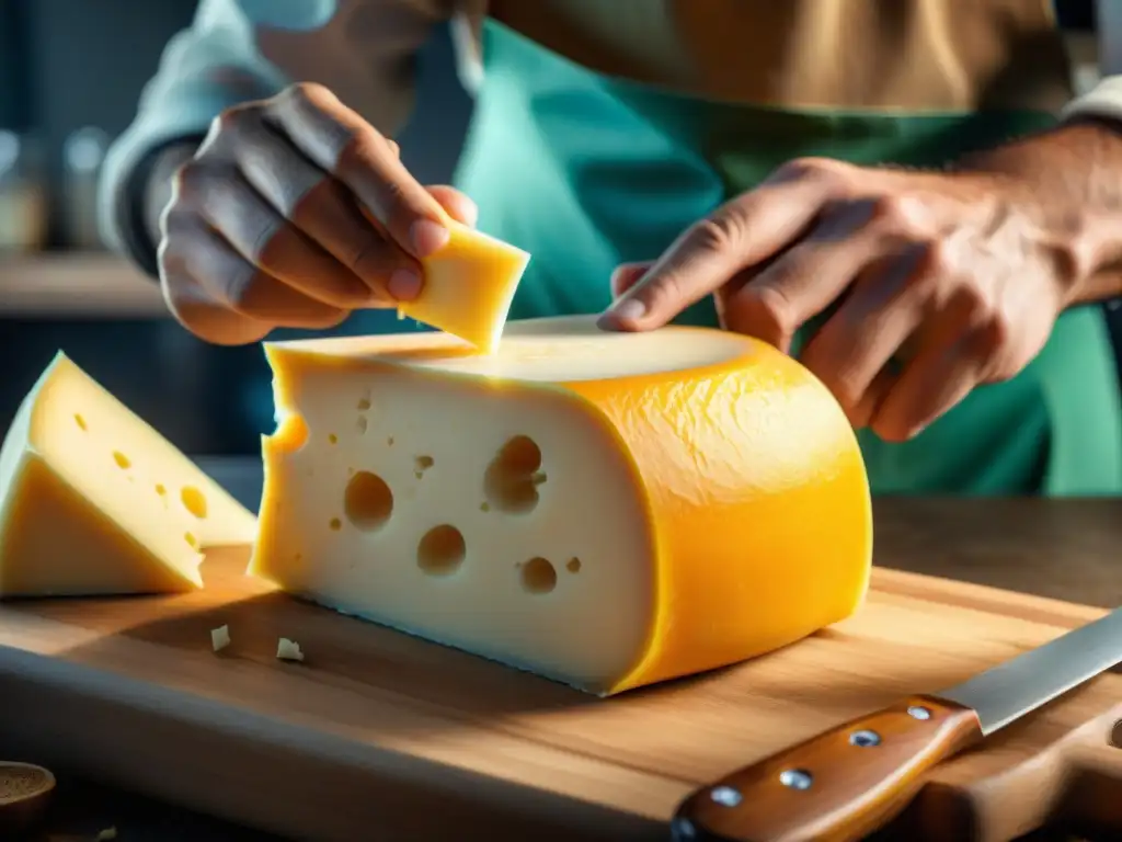 Un maestro quesero talla con destreza un diseño en queso