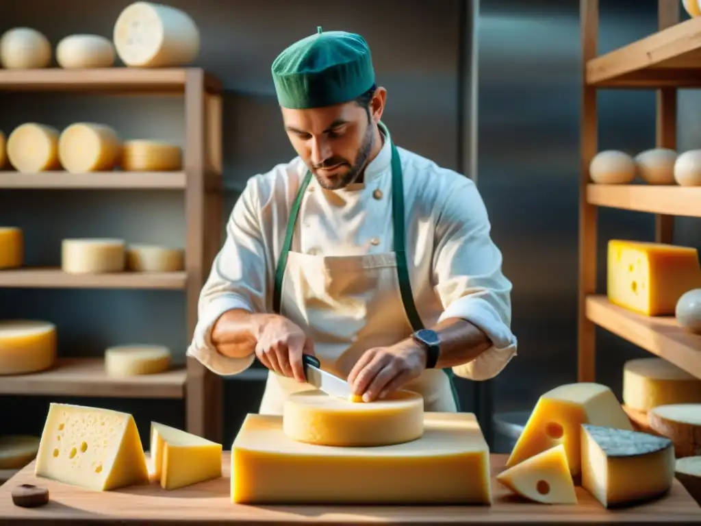 Un maestro quesero talla con destreza un bloque de queso Parmesano, mostrando habilidad y precisión