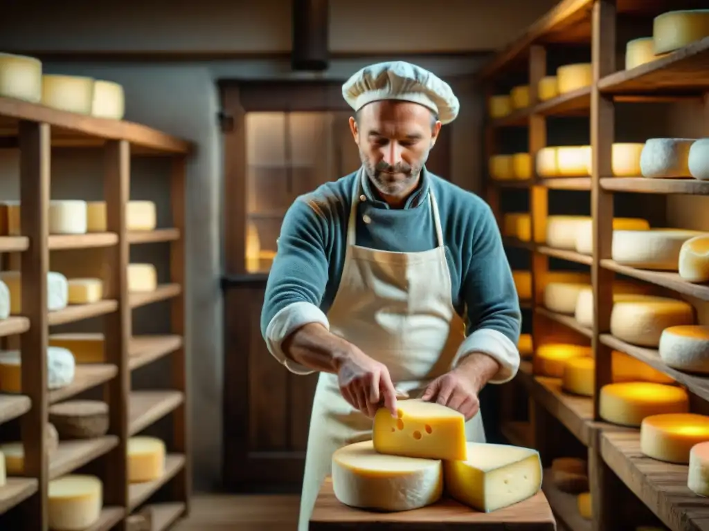 Un maestro quesero en su taller artesanal inspeccionando una rueda de queso, resaltando la dedicación en talleres de elaboración de queso