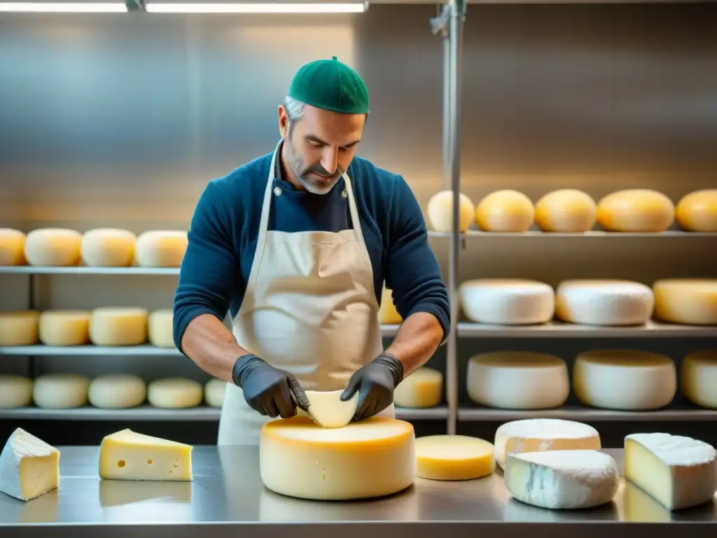 Un maestro quesero en un taller moderno, fusionando tradición e innovación en la elaboración de quesos franceses