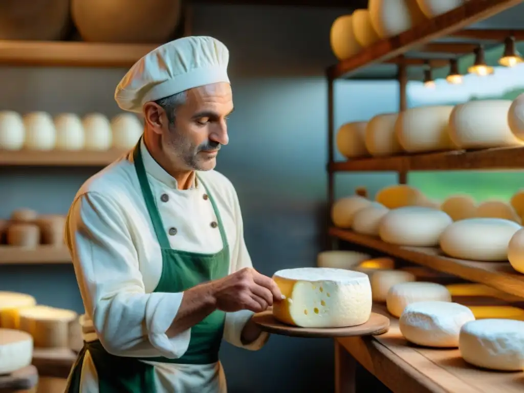 Artesano quesero elaborando Camembert en granja francesa Un maestro quesero francés preservando tradición al elaborar un queso Camembert en una granja campestre