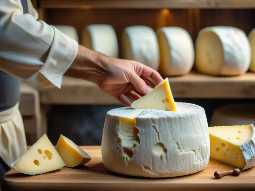 Un maestro quesero francés tradicional cepilla con cuidado una rueda de Chèvre, mostrando la artesanía de los quesos de cabra franceses tradicionales