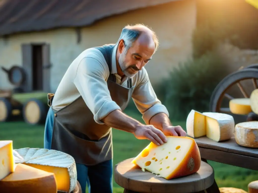 Un maestro quesero francés tradicional inspecciona con orgullo una rueda de queso recién elaborado en un escenario campestre