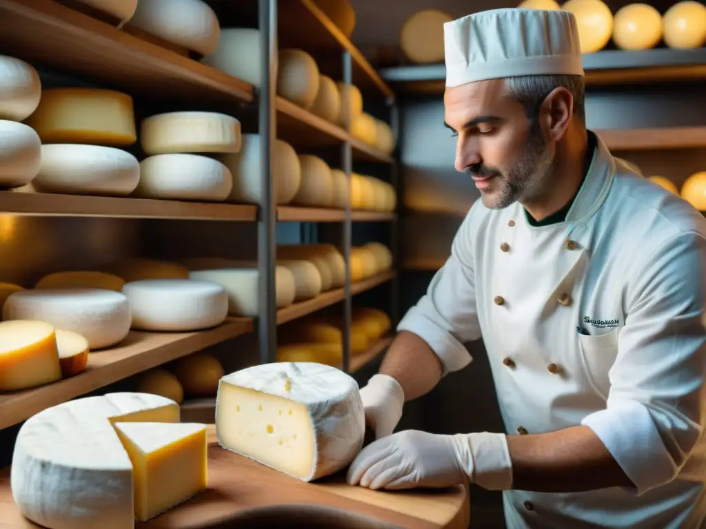 Un maestro quesero francés sella al vacío quesos Camembert en una tradicional fromagerie, destacando la conservación de quesos franceses al vacío