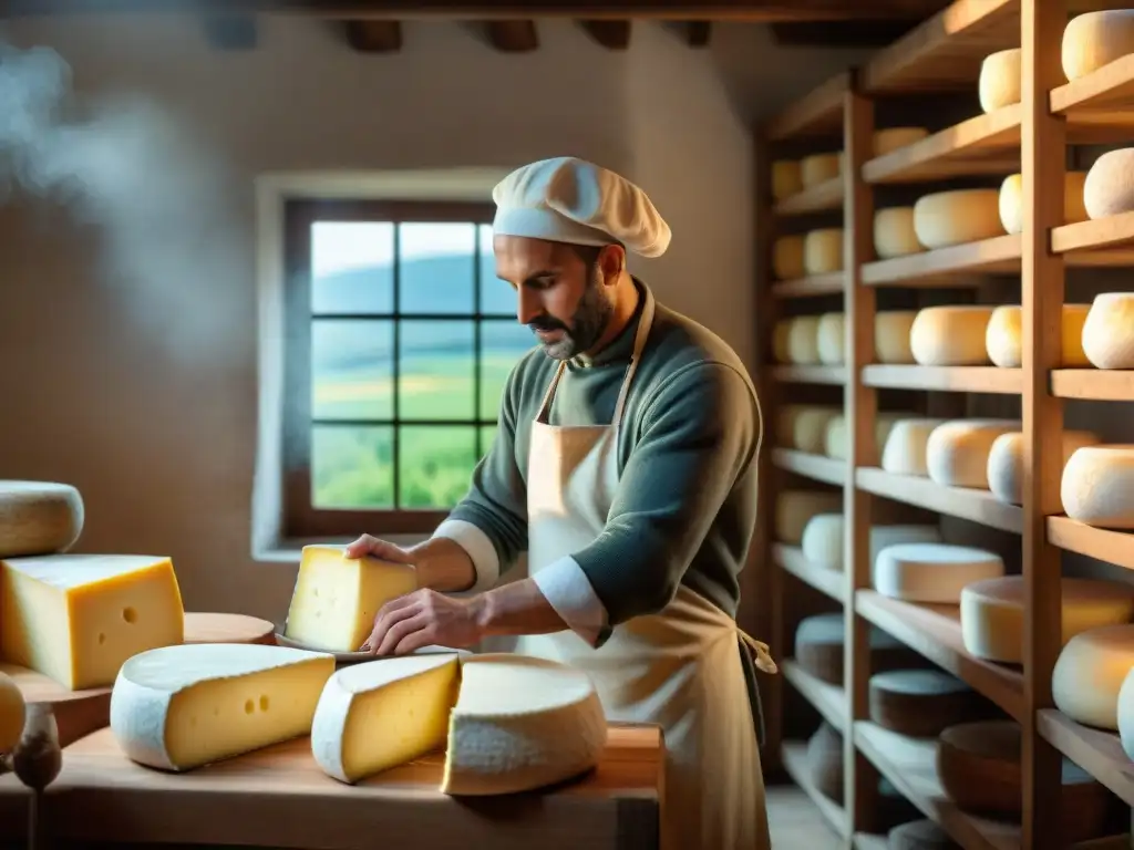 Un maestro quesero en el Valle del Ródano cuidadosamente elaborando queso