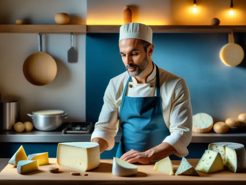 Un maestro quesero vegano elaborando quesos franceses veganos en una cocina tradicional