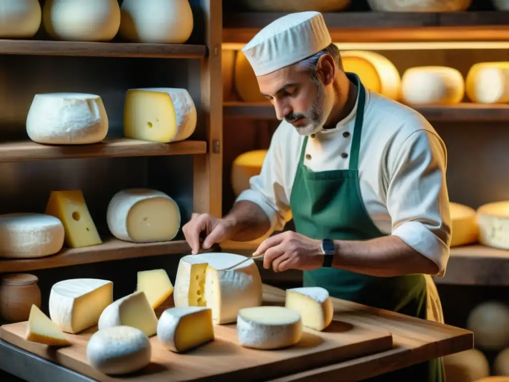 Un maestro del queso francés elaborando un Camembert en un taller artesanal