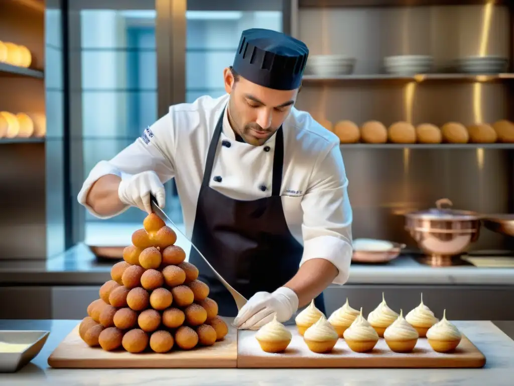 Un maestro repostero francés prepara un croquembouche, resaltando la artesanía culinaria en su cocina parisina