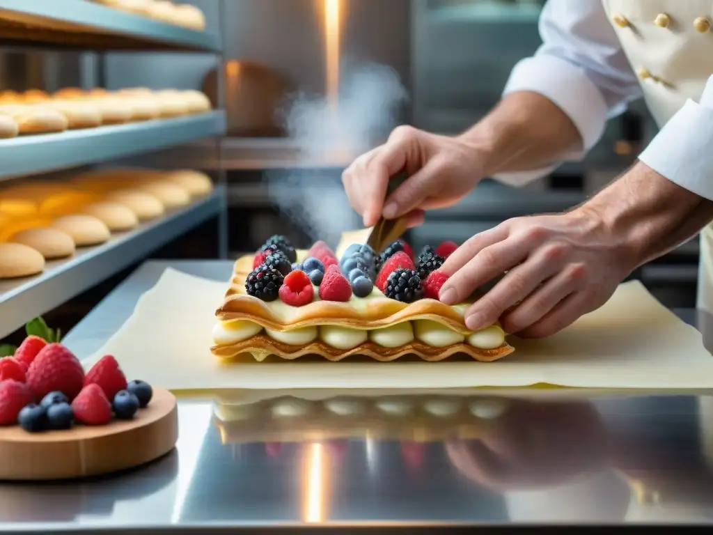 Un maestro repostero francés crea con destreza un delicado milhojas