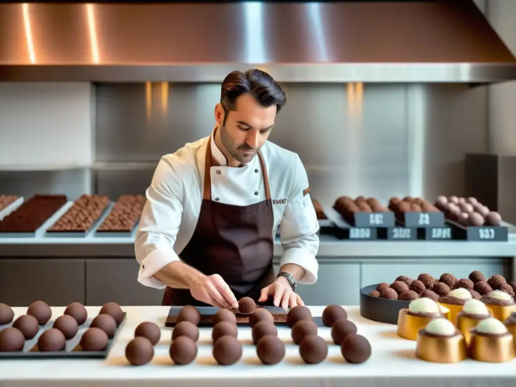 Un maestro repostero francés elabora exquisitos trufas de chocolate en una cocina parisina, mostrando los beneficios del cacao en Francia