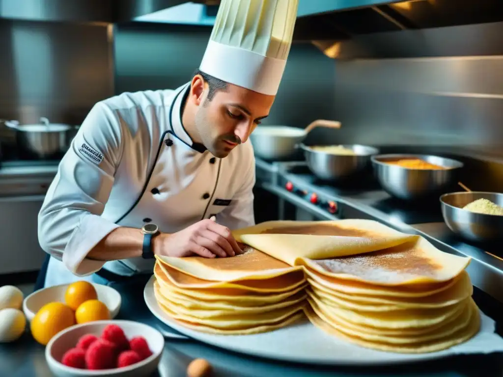 Maestro repostero francés preparando crepes con precisión en cocina parisina